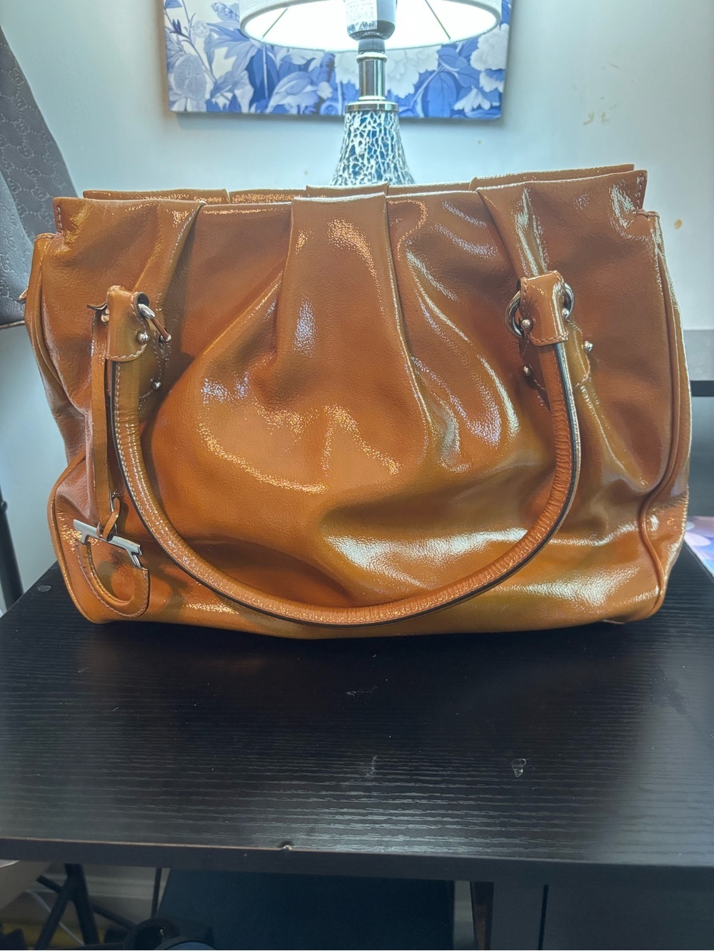 Authentic Ferragamo Marisa Gancini Pleated Patent Leather Bag - Tan